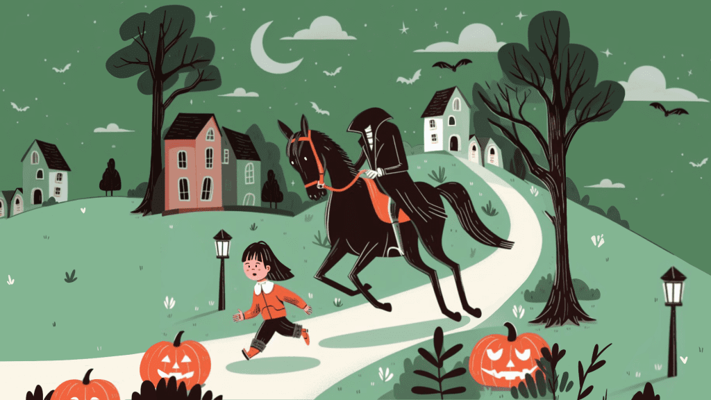 El jinete sin cabeza montado a caballo corriendo detrás de una niña
