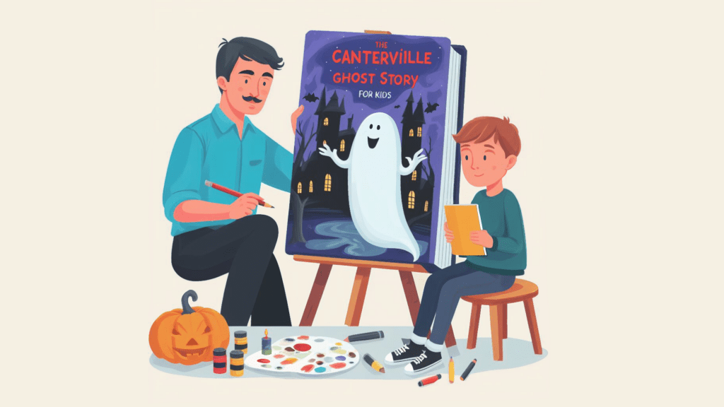 Imagen de un padre y un hijo dibujando la portada de la historia de El fantasma de Canterville.
