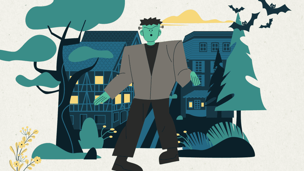 Imagen del monstruo de Frankenstein caminando por las calles del pueblo