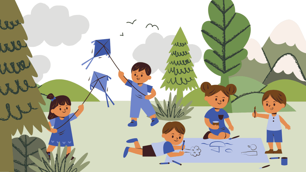 Grupo de niños y niñas explorando el clima, en medio de la naturaleza. Algunas dibujan y otras juegan con cometas.