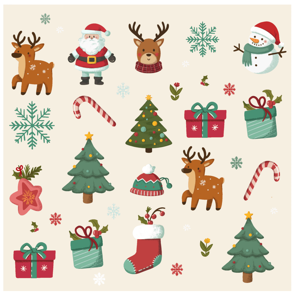 Selección de pegatinas navideñas e invernales: Pinos decorados, renos, Papá Noel, muñeco de nieve, copos de nieve, regalos...