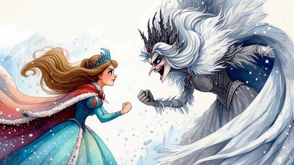 La reina de las nieves luchando con Gerda